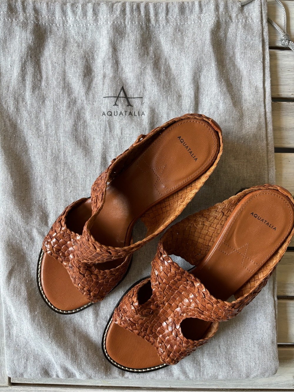 Aquatalia Brown Woven Leather Block Heel Mule Sandals 6.5 Italy - Picture 2 of 11